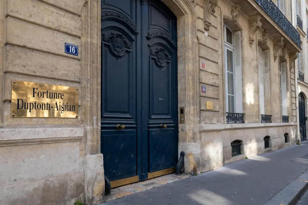 Grande porte bleue sur immeuble haussmannien avec plaque dorée indiquant "16 Fortune Dupontn-Aignan".