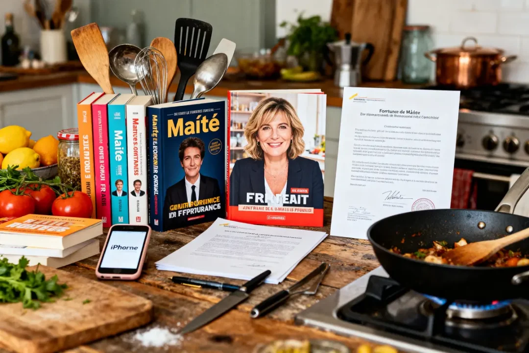 Cuisine avec livres de Maître, téléphone, légumes, et ustensiles sur table en bois. Poêle en cuisson à droite.