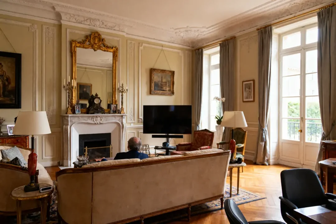 Salon élégant avec cheminée, miroir doré, téléviseur, grandes fenêtres, rideaux gris et parquet en bois. Personne assise.