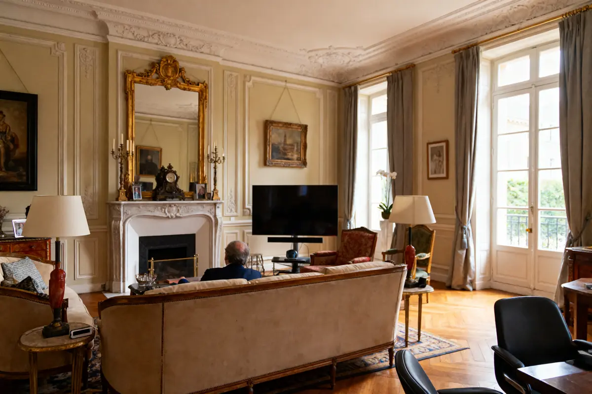 Salon élégant avec cheminée, miroir doré, téléviseur, grandes fenêtres, rideaux gris et parquet en bois. Personne assise.