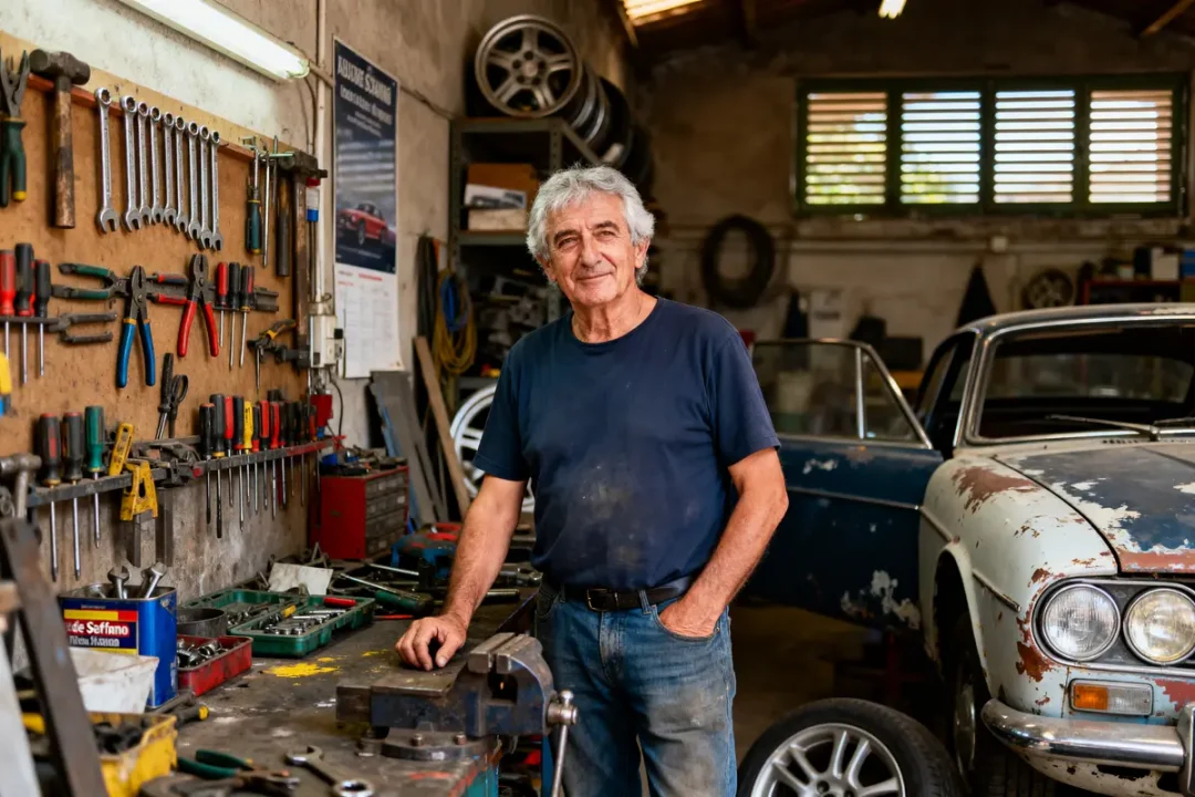 Homme dans un atelier mécanique, debout près d'outils et d'une voiture ancienne, ambiance rétro et chaleureuse.