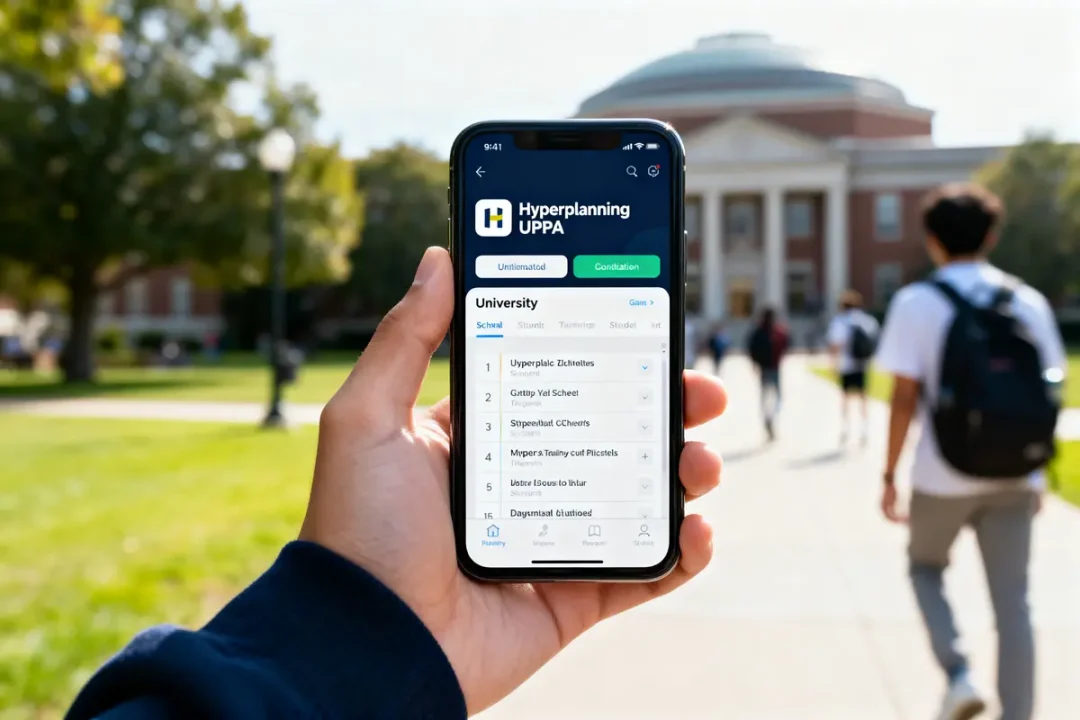 Main tenant un smartphone avec l'application Hyperplanning UPPA, devant un bâtiment universitaire flou.