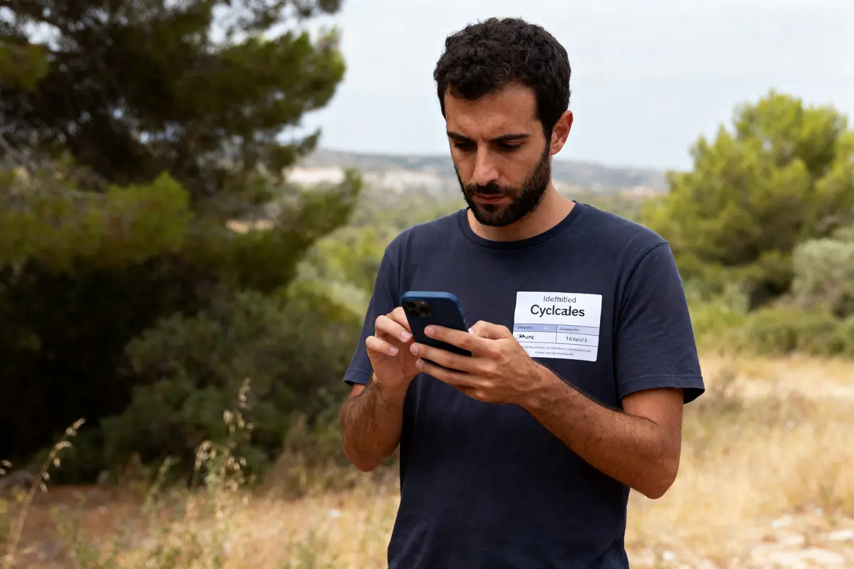 Homme en extérieur utilisant un smartphone, chemise avec badge. Arrière-plan de nature avec arbres et ciel nuageux.