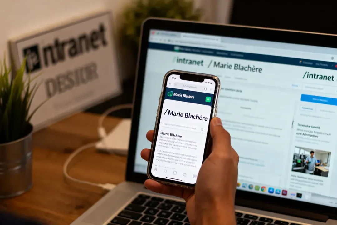 Personne utilisant un smartphone et un ordinateur portable pour accéder à un intranet nommé Marie Blachère.