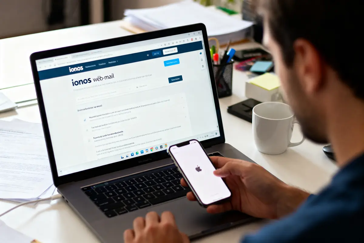 Personne utilisant un ordinateur portable sur Ionos Webmail, tenant un iPhone, tasse blanche à côté.