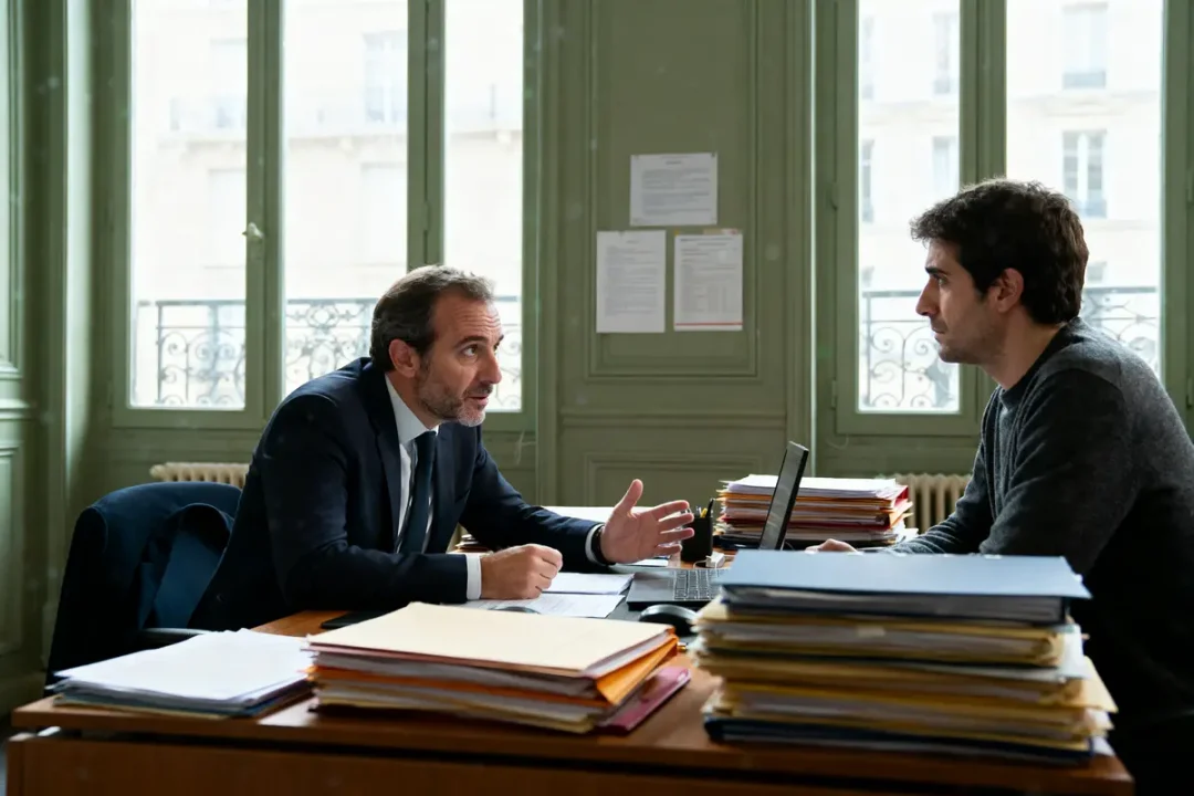 Deux hommes discutent sérieusement à un bureau avec des dossiers empilés et un ordinateur portable.