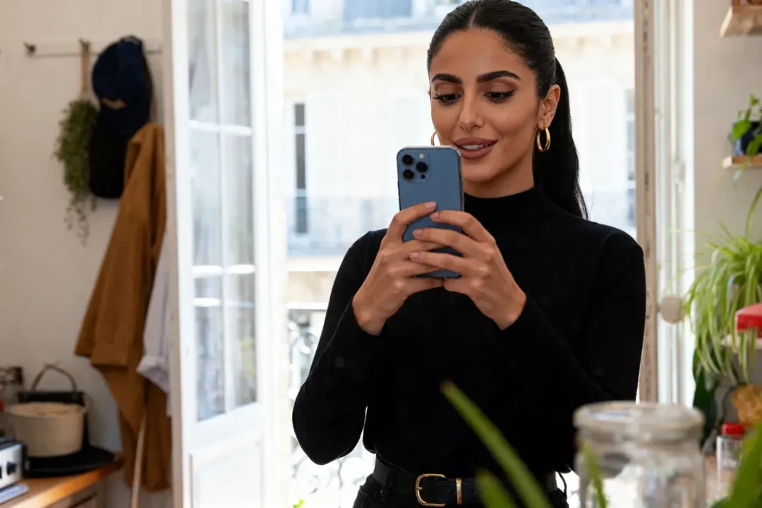 Femme souriante en noir utilise un smartphone dans une cuisine lumineuse avec plantes vertes et fenêtre ouverte.
