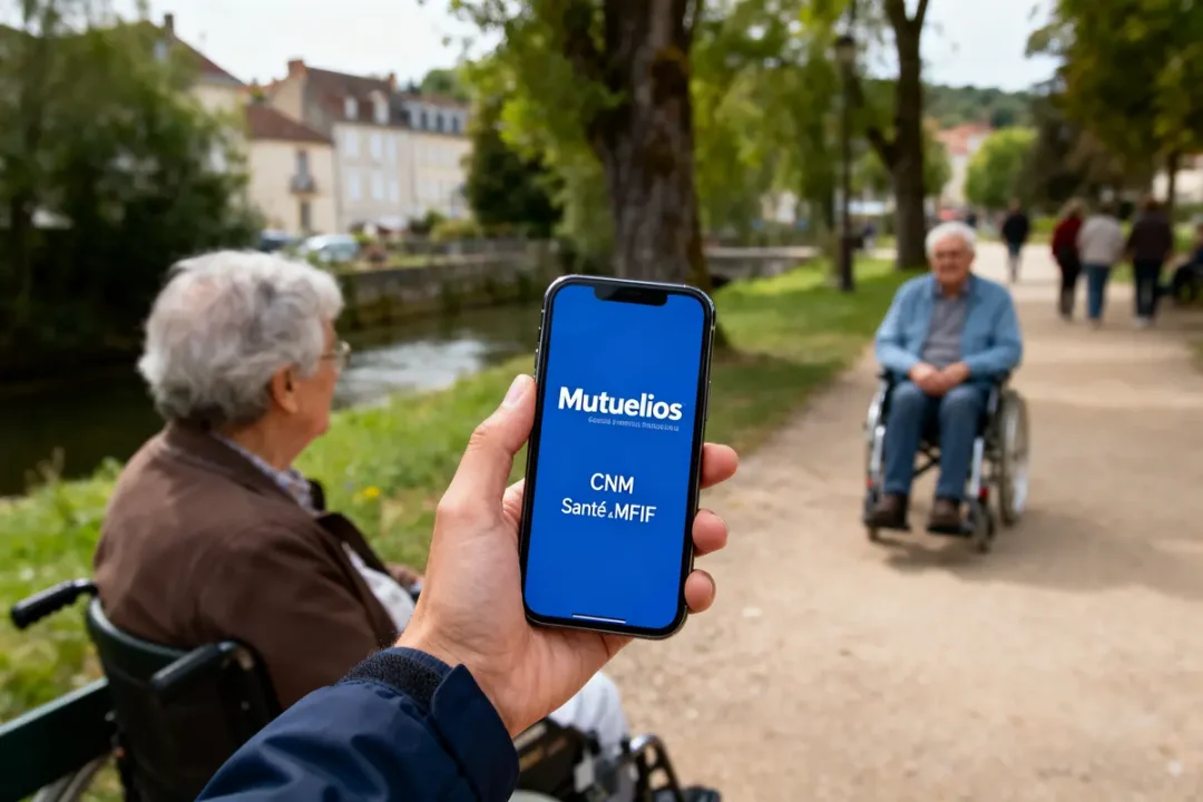 Personne tenant smartphone affichant "Mutuelios", deux personnes âgées en fauteuil roulant en arrière-plan, parc verdoyant.