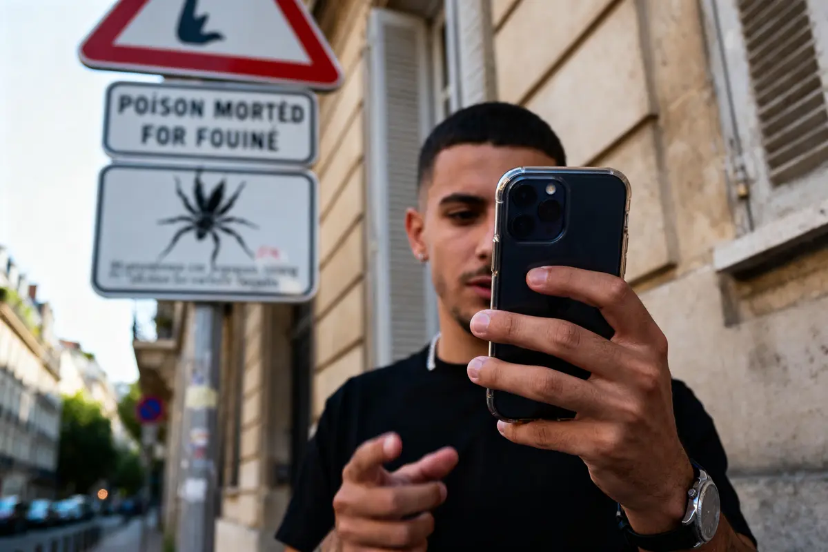 Un homme utilise un smartphone devant un panneau d'avertissement avec araignée, texte humoristique en arriÚre-plan.