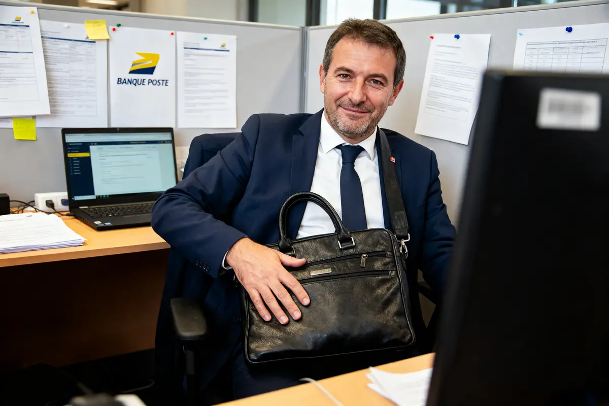 Un homme en costume assis à un bureau avec un sac en cuir, affiche de la Banque Postale.