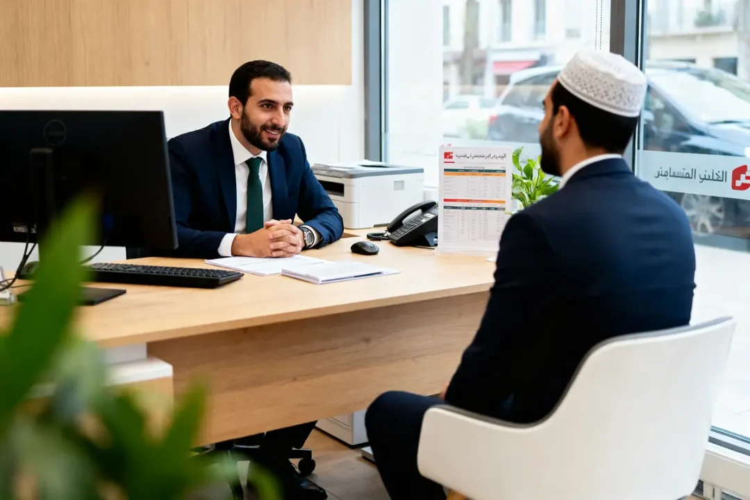 Deux hommes en costume discutent dans un bureau moderne avec ordinateur, documents et fenêtre.