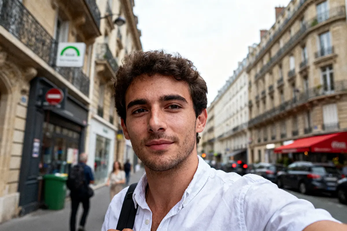 Homme en chemise blanche prenant un selfie dans une rue parisienne, bâtiments haussmanniens en arrière-plan.