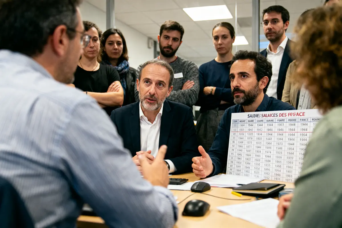 Un groupe de personnes en réunion autour d'une table, diagramme imprimé visible.