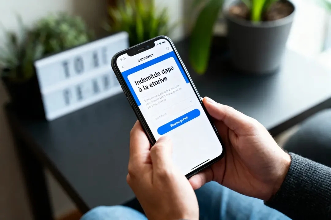 Une personne utilisant un smartphone avec une application de simulation d'indemnité affichée à l'écran.