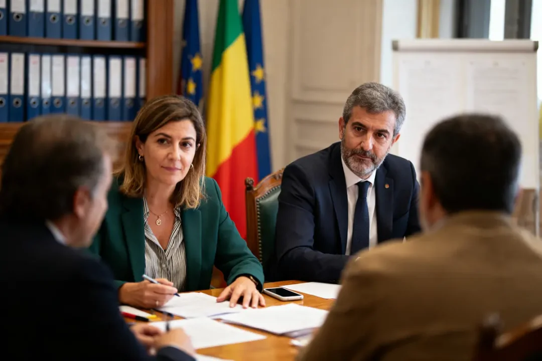 Réunion formelle avec quatre personnes autour d'une table, documents et drapeaux européens et roumains en arrière-plan.
