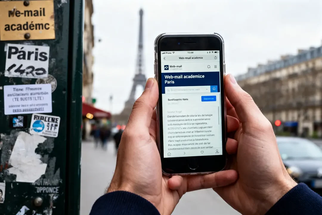 Personne tenant un téléphone avec une page Web ouverte, tour Eiffel en arrière-plan, rue parisienne.