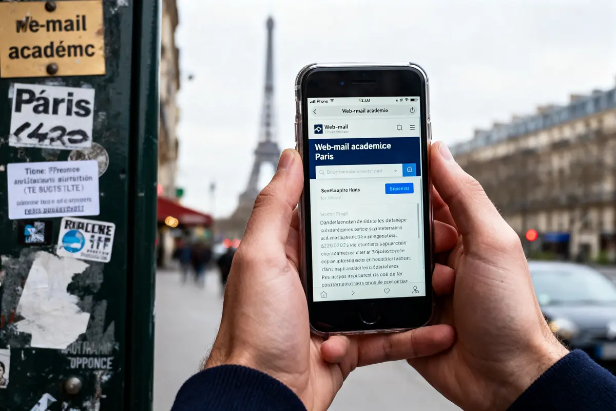 Personne tenant un téléphone avec une page Web ouverte, tour Eiffel en arrière-plan, rue parisienne.