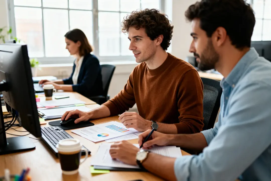 Employés au bureau discutant productivité et 39 heures par semaine, combien d'heures par mois