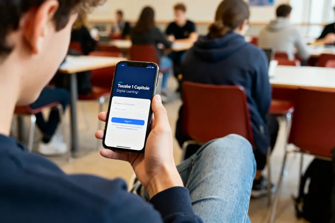 Personne utilisant l'application de l'ENT de l'Université Toulouse 1 sur son téléphone en classe