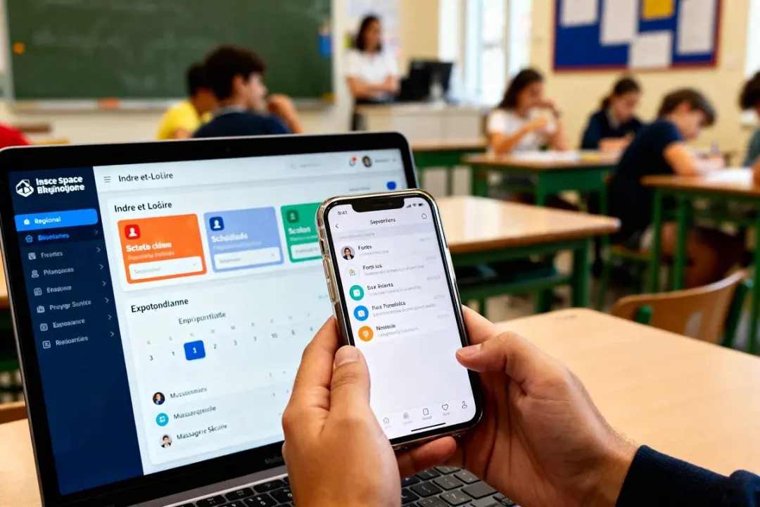 Personne utilisant des applications pédagogiques sur téléphone et ordinateur en classe avec ENT37