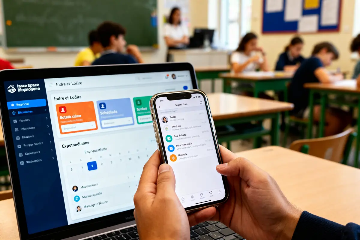 Personne utilisant des applications pédagogiques sur téléphone et ordinateur en classe avec ENT37
