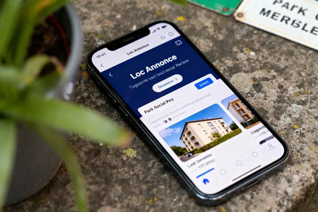 Smartphone affichant l'application Loc Annonce pour rechercher des logements sociaux disponibles.