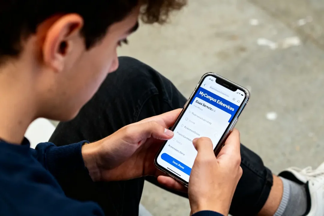 Personne utilisant l'application MyCampus Eduservices sur smartphone pour suivre ses études