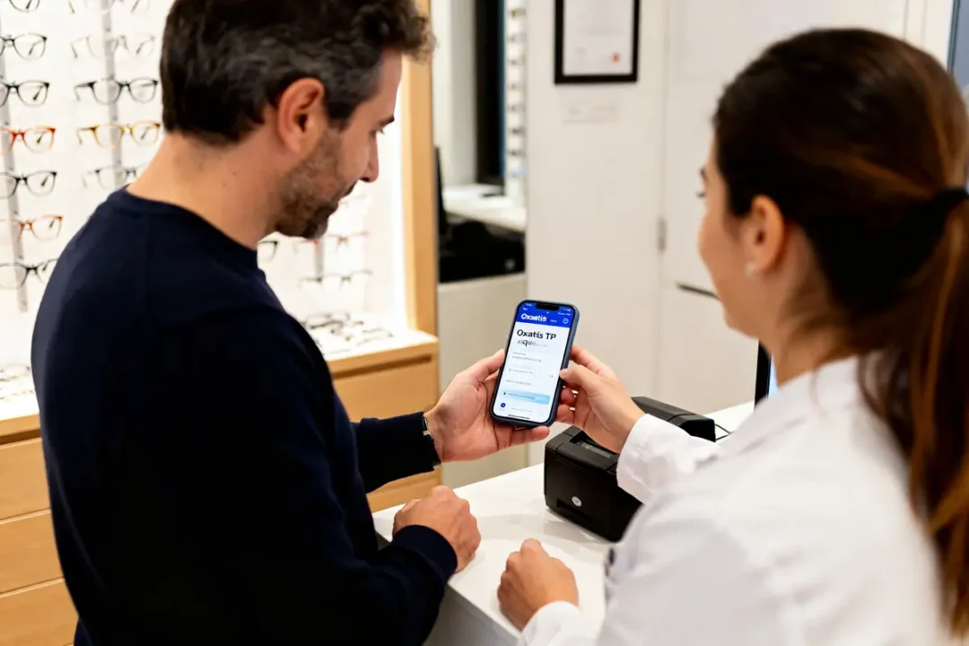 Un homme en magasin d'optique utilisant l'application Oxantis TP Optique sur smartphone