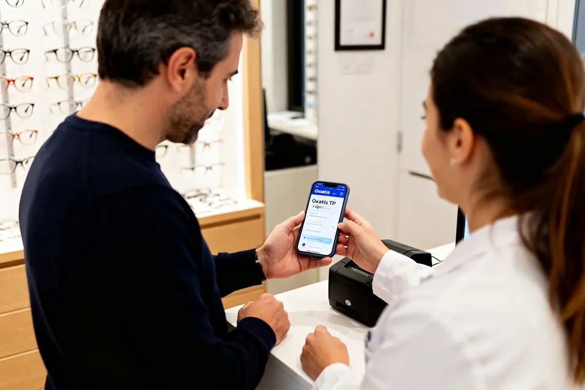 Un homme en magasin d'optique utilisant l'application Oxantis TP Optique sur smartphone