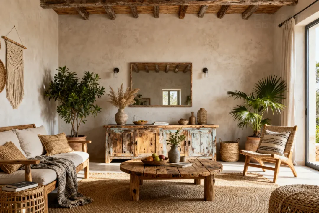 Salon boho avec mobilier en bois et plantes, inspiré par les designs naturels de TooPlans