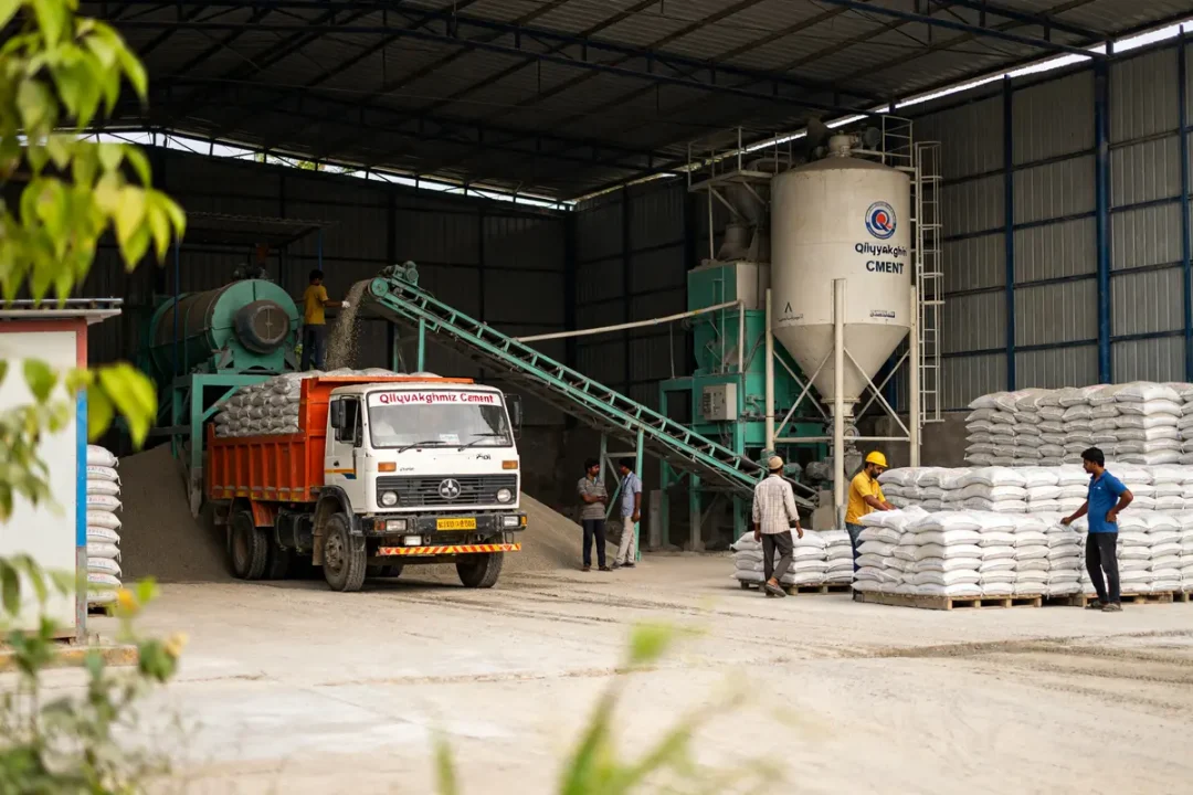 Camion et employés au siège de GF Qiuyakghmiz Cement, dépôt de sacs de ciment