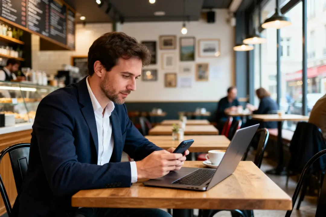Un homme en costume travaille sur actinbusiness dans un café avec ordinateur et téléphone portable