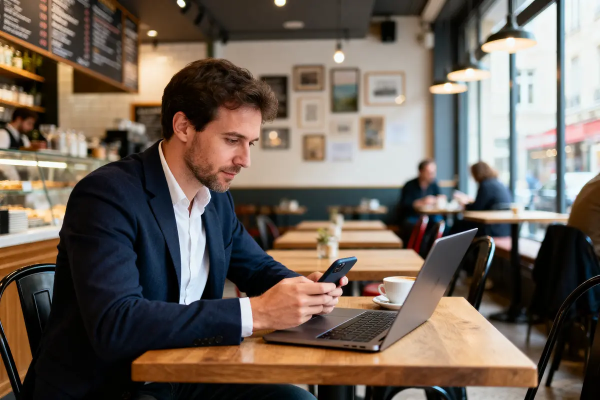 Un homme en costume travaille sur actinbusiness dans un café avec ordinateur et téléphone portable
