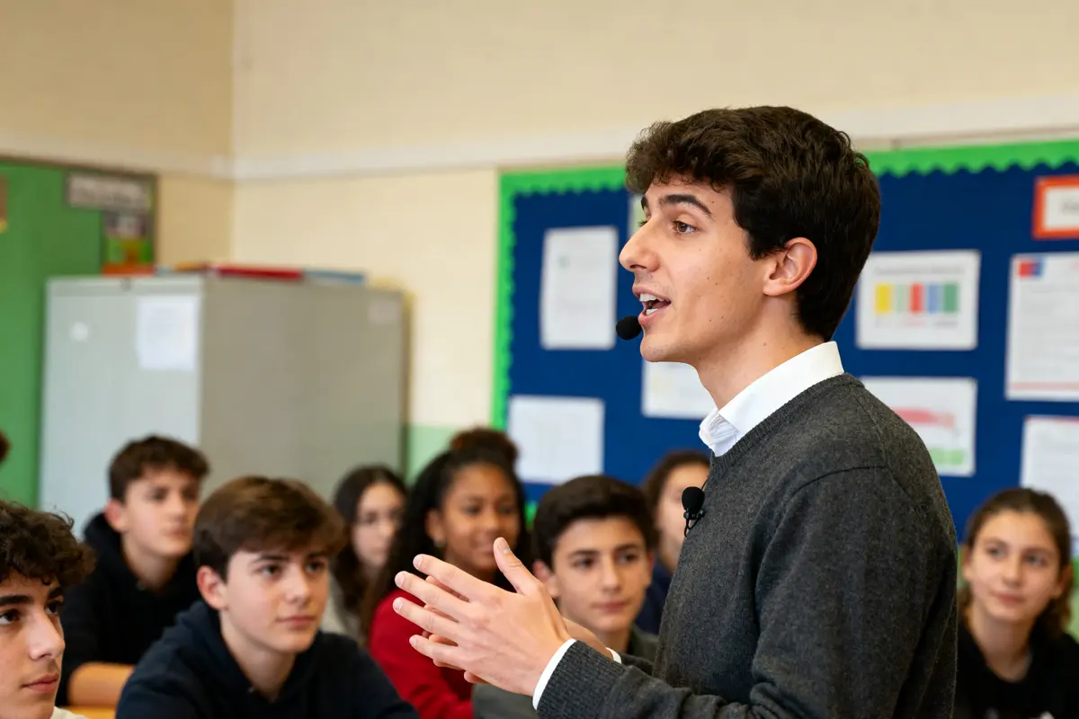 Un délégué présente un discours original devant des élèves attentifs en classe.