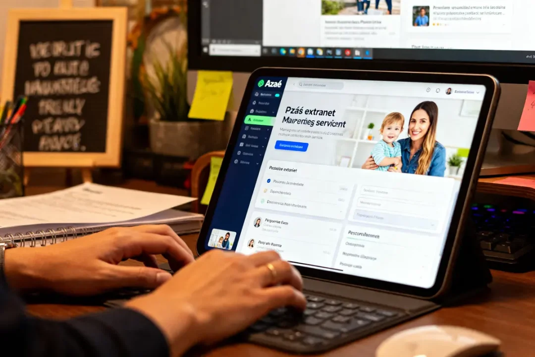 Ordinateur affichant l'extranet d'Azaé avec une interface utilisateur familiale et professionnelle