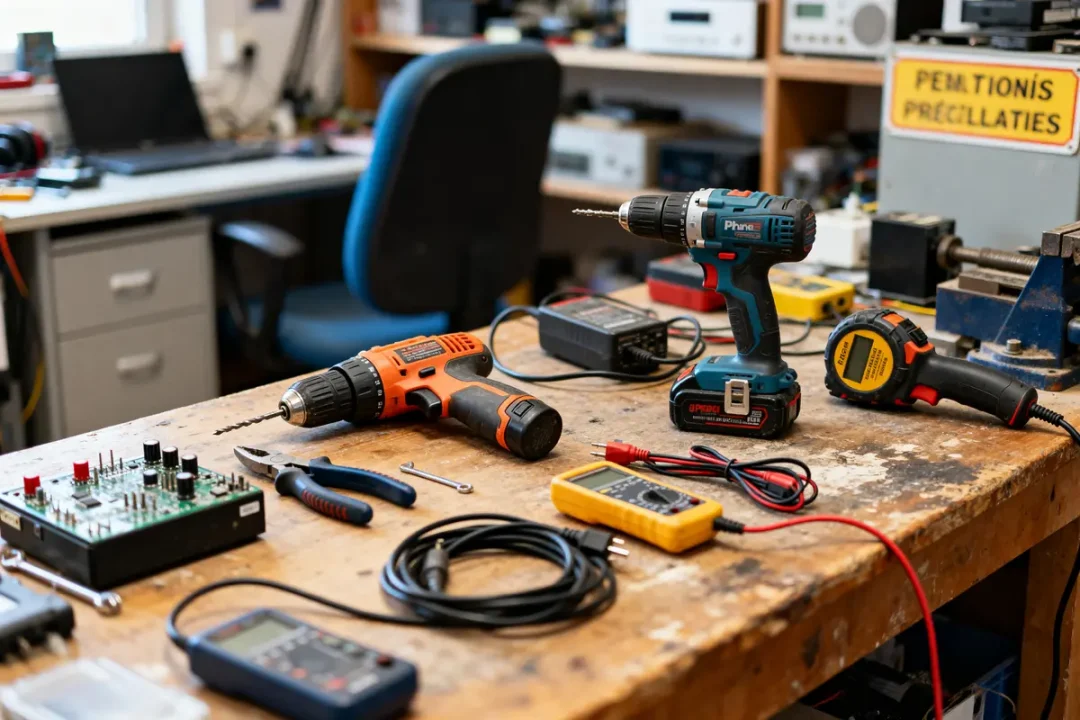 Établi d'atelier avec divers outils électriques et électroniques pour liste d’outils sur mon-club-elec.fr