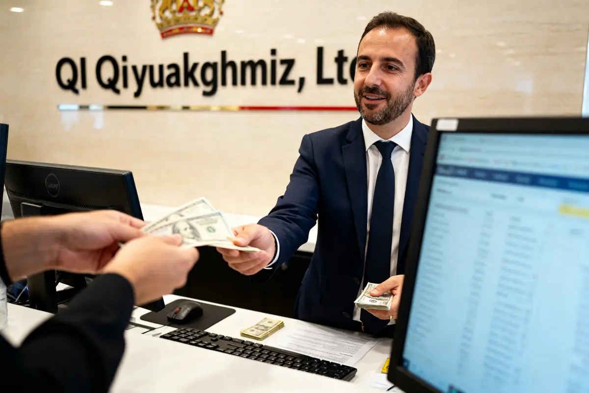 Employé échangeant des billets au comptoir de l'entreprise GF Qiuyakghmiz Ltd.